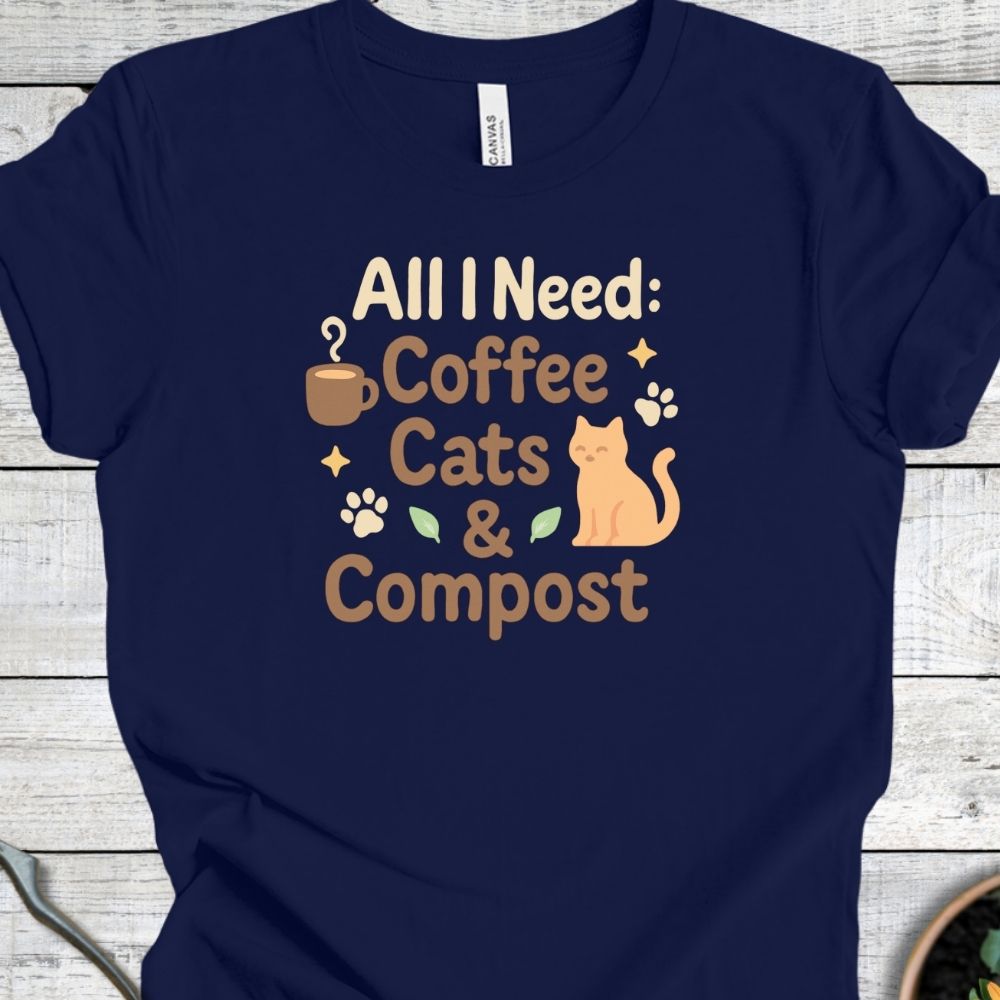 Printify T-Shirt Coffee, Cats & Compost (Warm Tone)