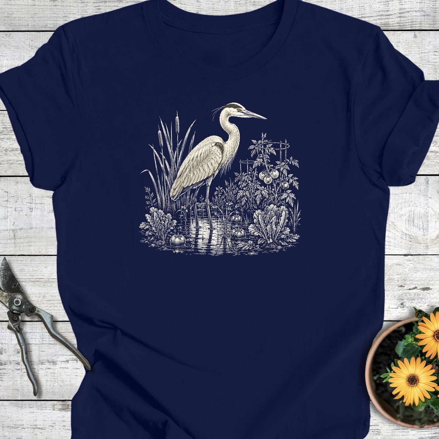 Printify T-Shirt Navy / S Garden Heron T-Shirt