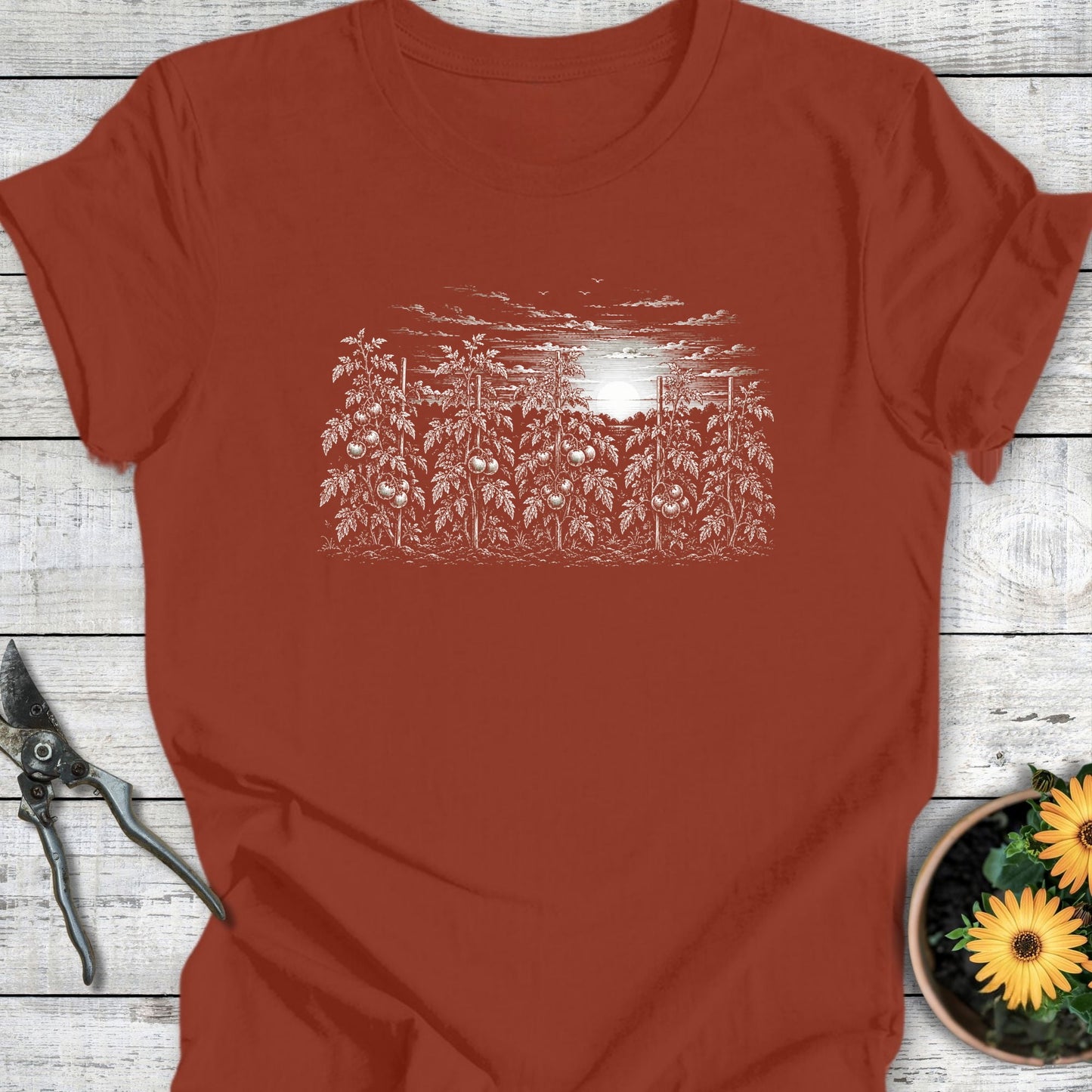 Printify T-Shirt Rust / S Sunset Tomato Rows T-Shirt