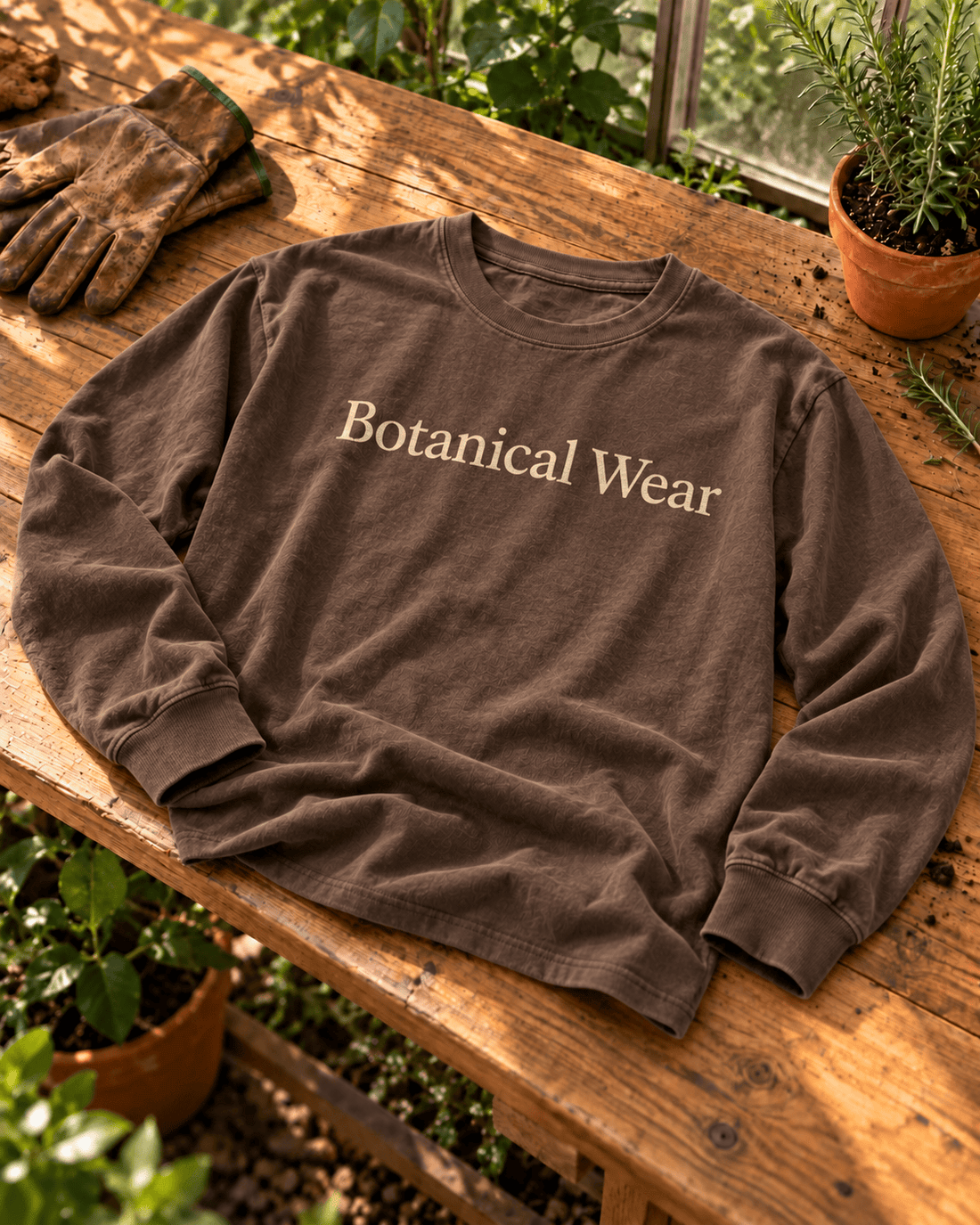 Espresso Botanical Wear long-sleeve cotton tee with ribbed cuffs on a wooden potting bench
