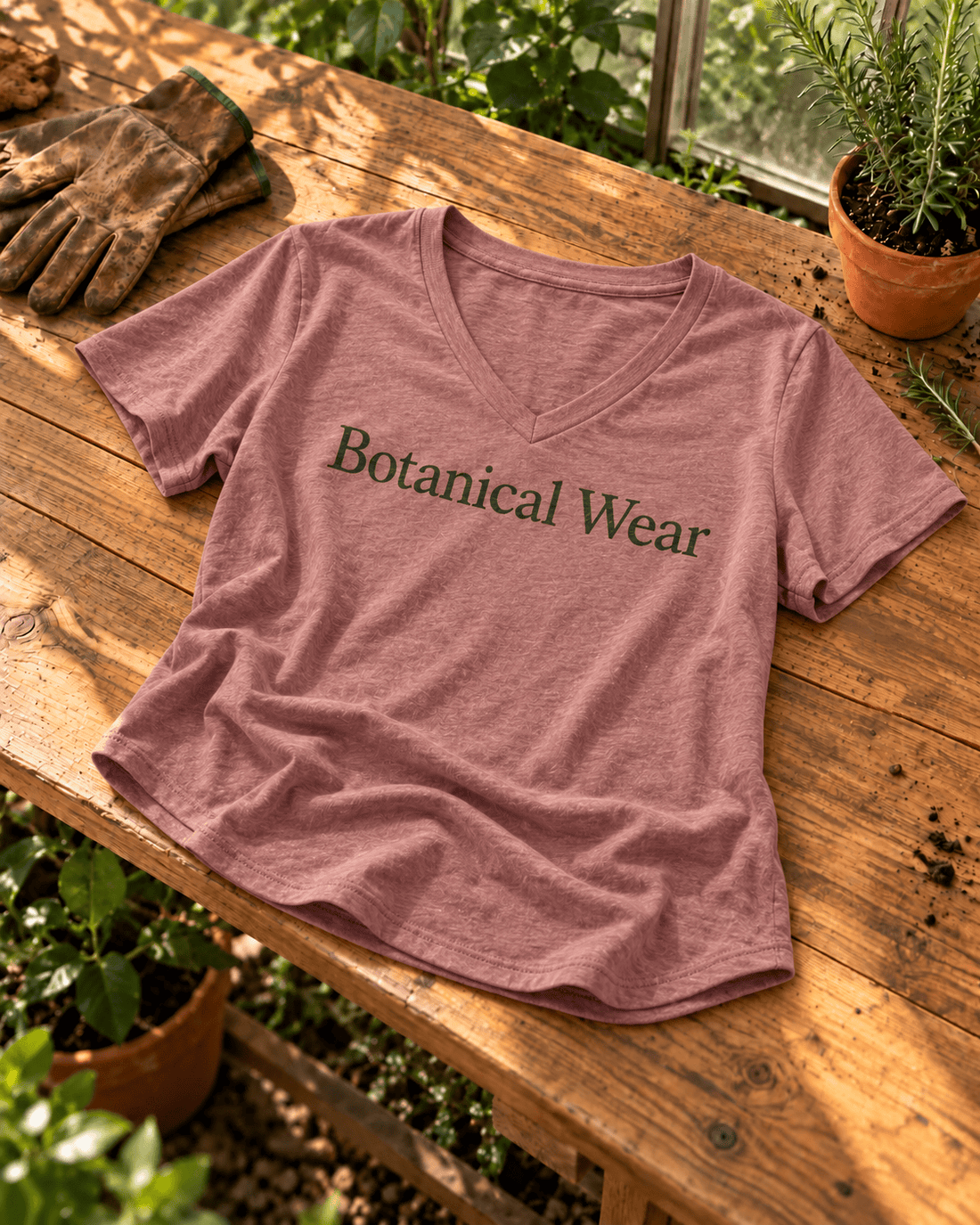 Heather mauve Botanical Wear V-neck on a wooden greenhouse potting bench