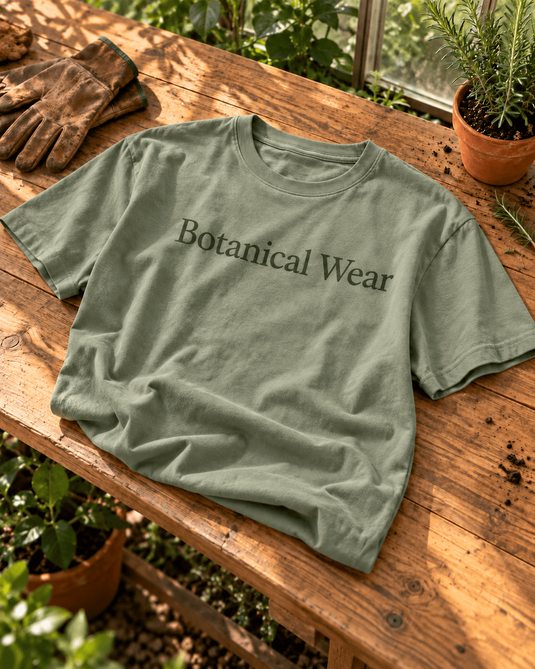 Sage Botanical Wear T-shirt on a potting bench with gardening gloves and rosemary
