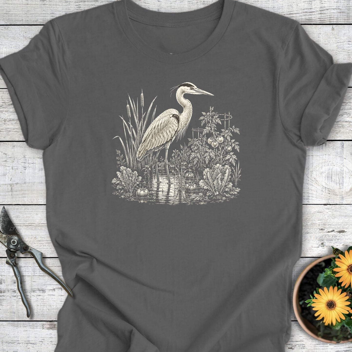 Printify T-Shirt Asphalt / S Garden Heron T-Shirt