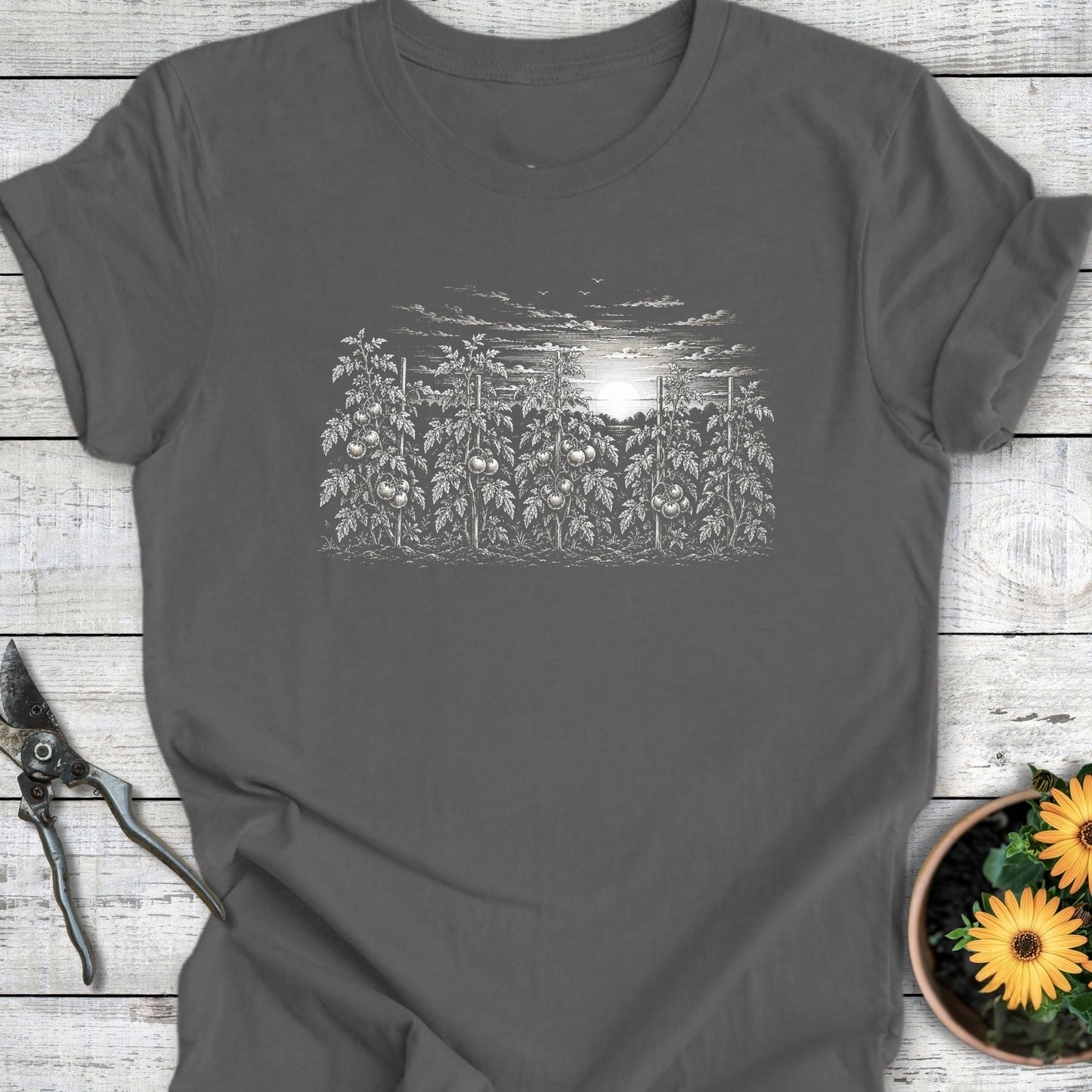 Printify T-Shirt Asphalt / S Sunset Tomato Rows T-Shirt