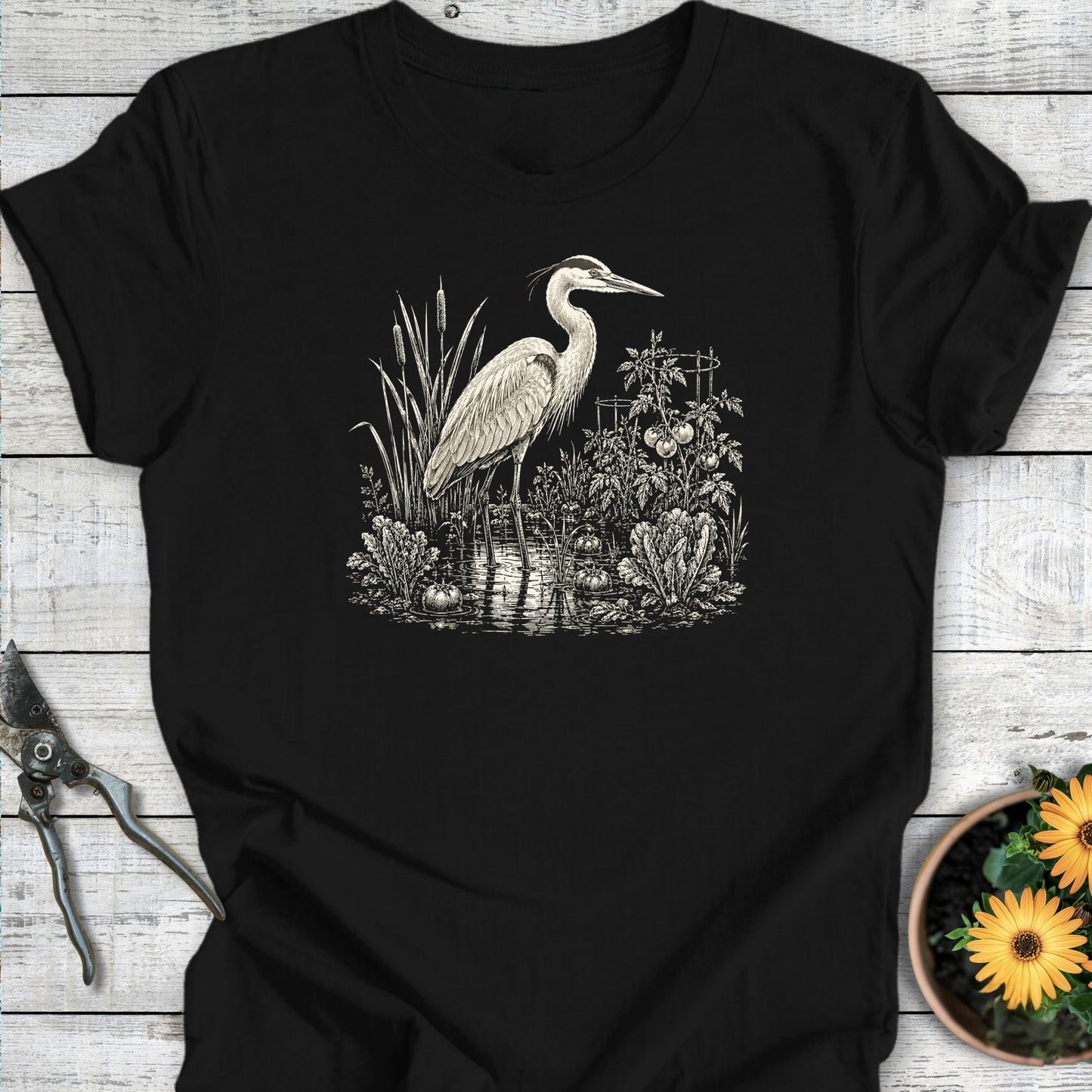 Printify T-Shirt Black / S Garden Heron T-Shirt