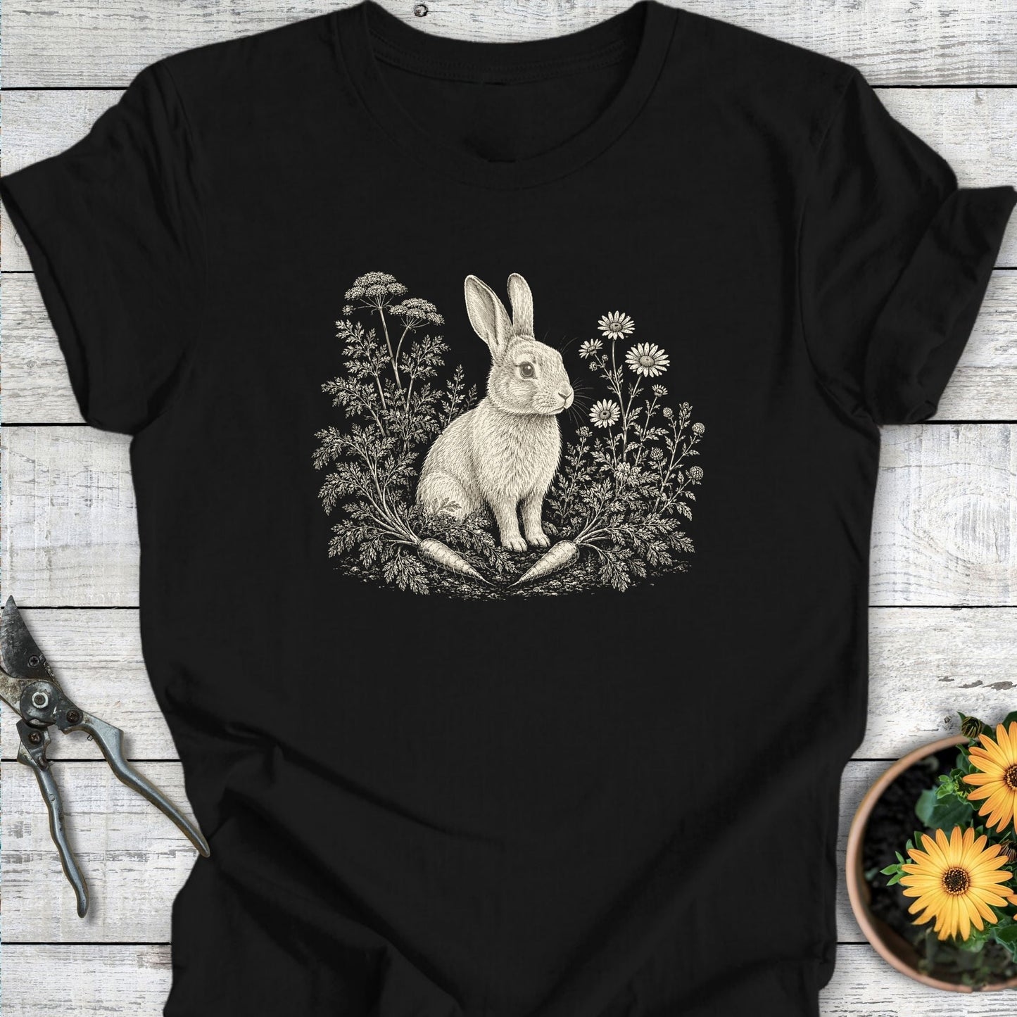 Printify T-Shirt Black / S Rabbit in the Garden T-Shirt