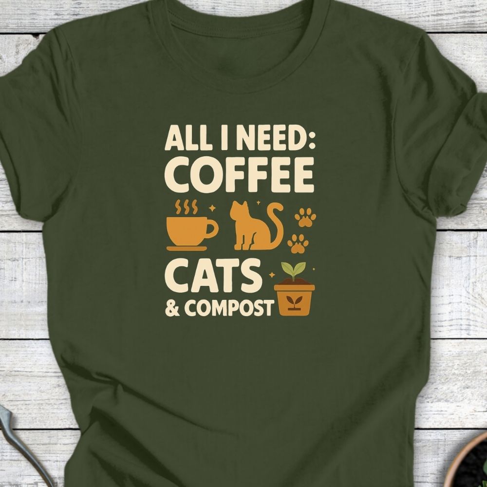 Printify T-Shirt Coffee, Cats & Compost (Classic)