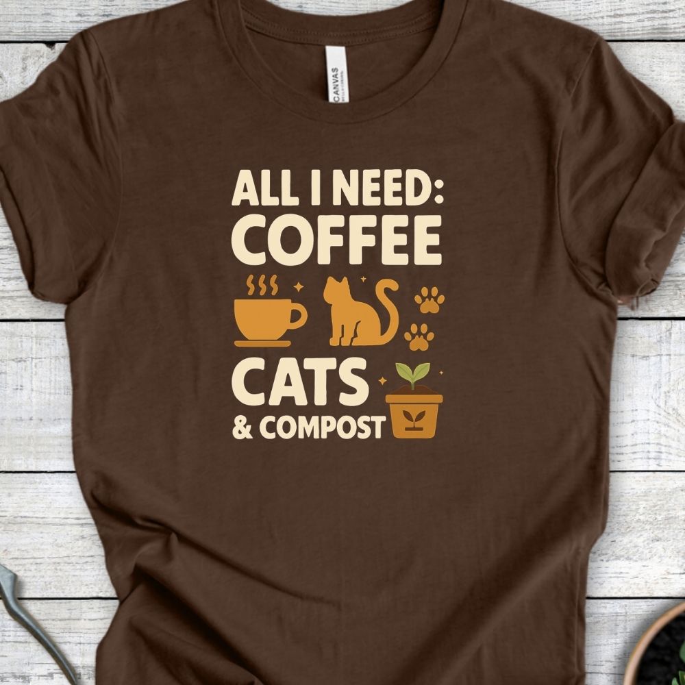 Printify T-Shirt Coffee, Cats & Compost (Classic)