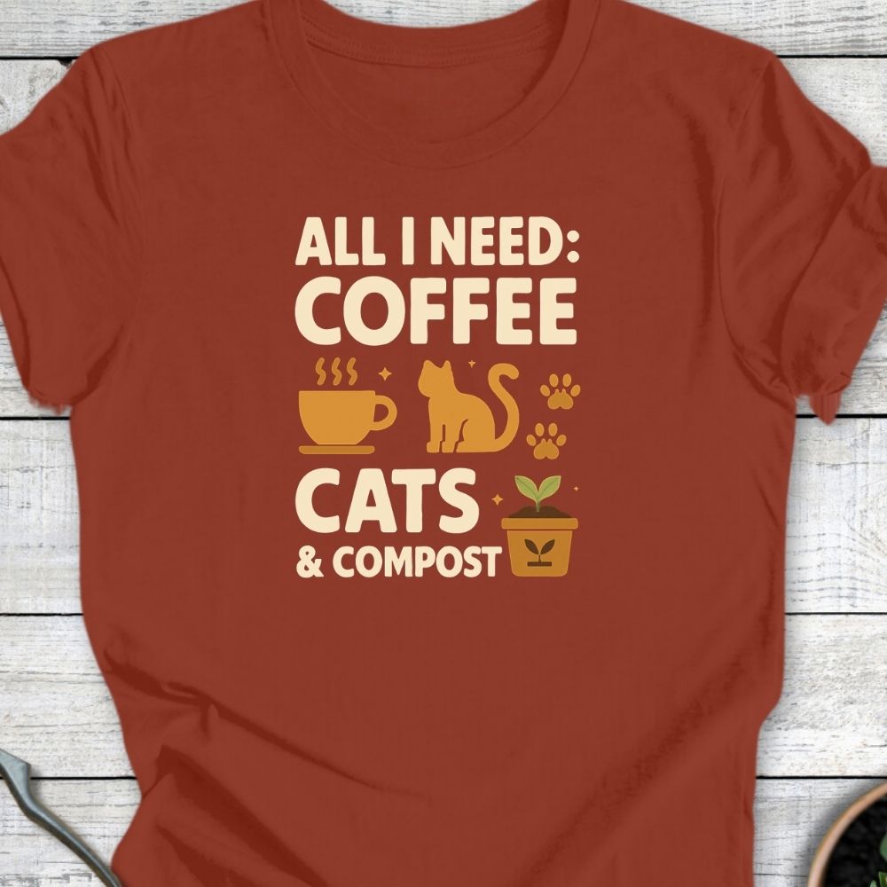 Printify T-Shirt Coffee, Cats & Compost (Classic)