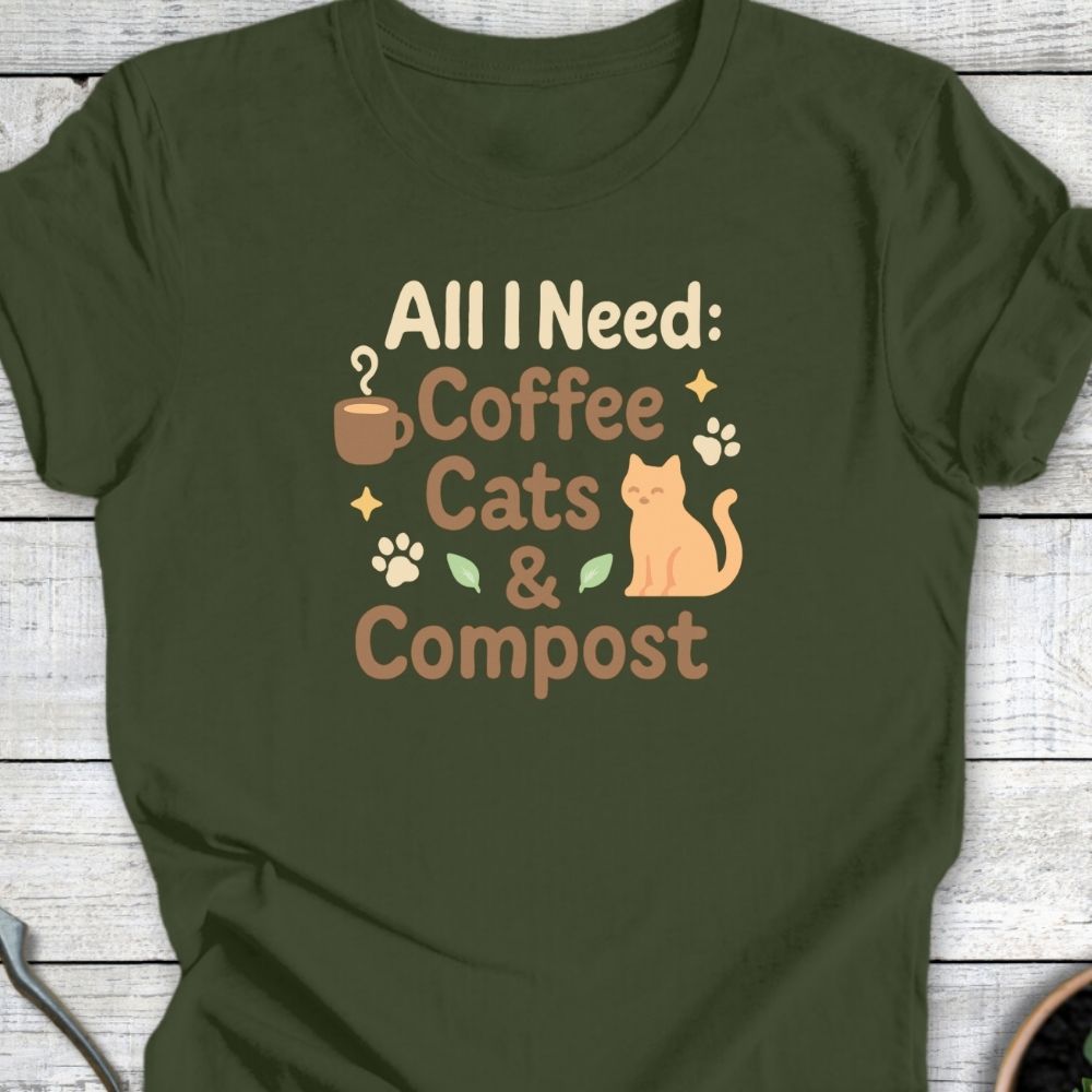 Printify T-Shirt Coffee, Cats & Compost (Warm Tone)