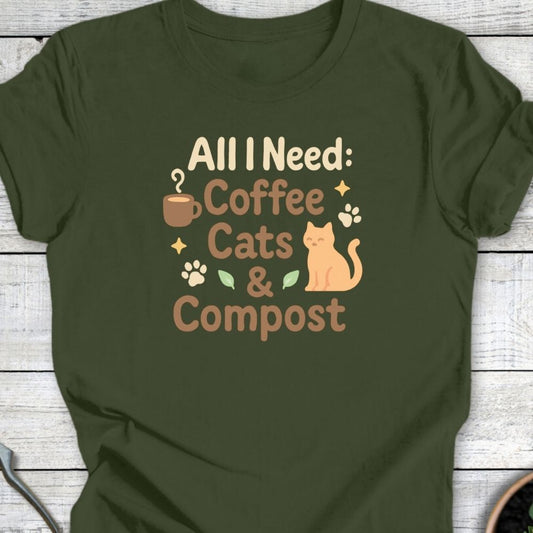 Printify T-Shirt Coffee, Cats & Compost (Warm Tone)