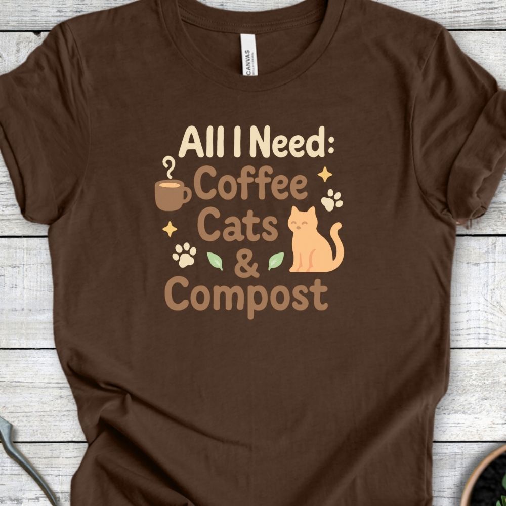 Printify T-Shirt Coffee, Cats & Compost (Warm Tone)