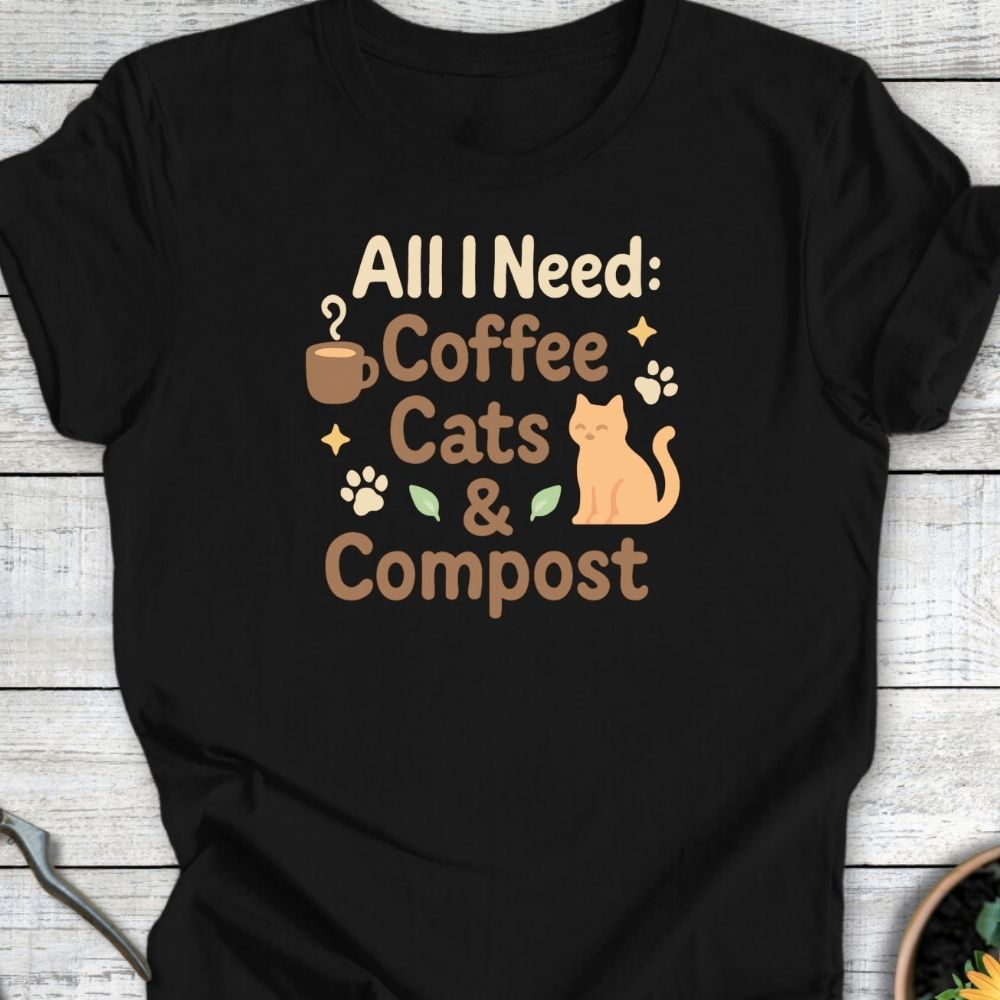 Printify T-Shirt Coffee, Cats & Compost (Warm Tone)