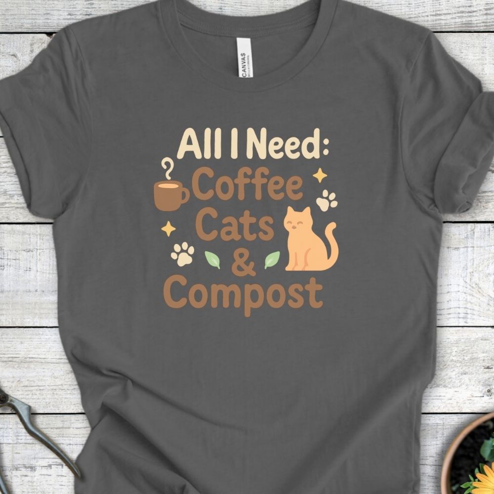 Printify T-Shirt Coffee, Cats & Compost (Warm Tone)