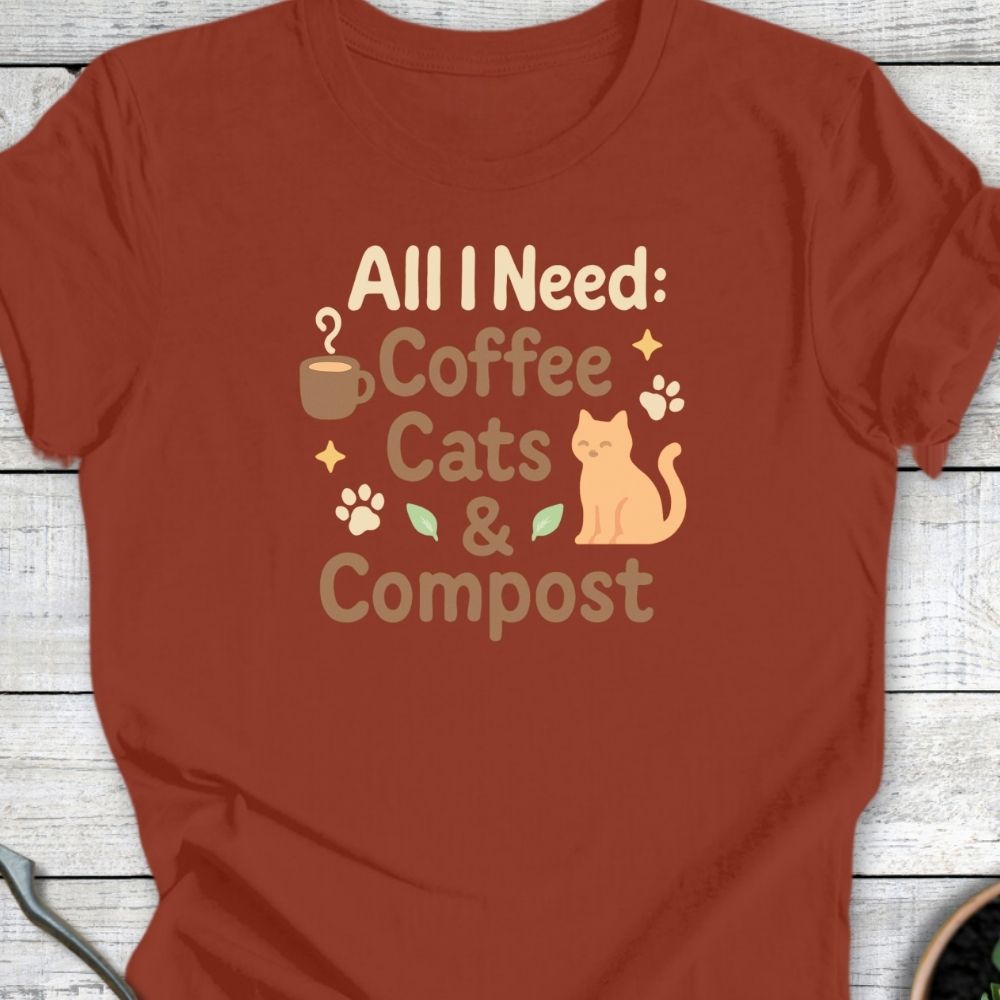 Printify T-Shirt Coffee, Cats & Compost (Warm Tone)
