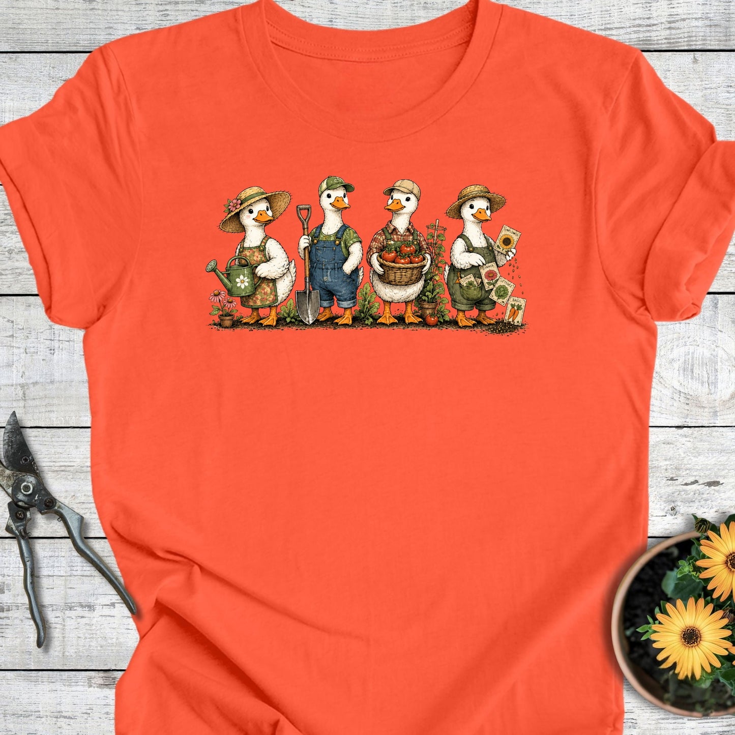 Printify T-Shirt Coral / S Gardening Ducks T-Shirt