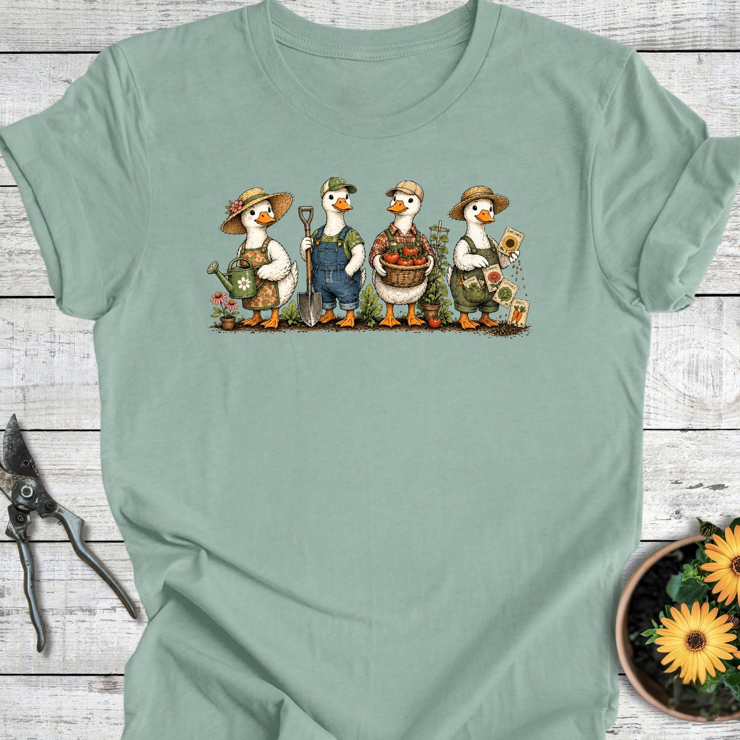Printify T-Shirt Dusty Blue / S Gardening Ducks T-Shirt