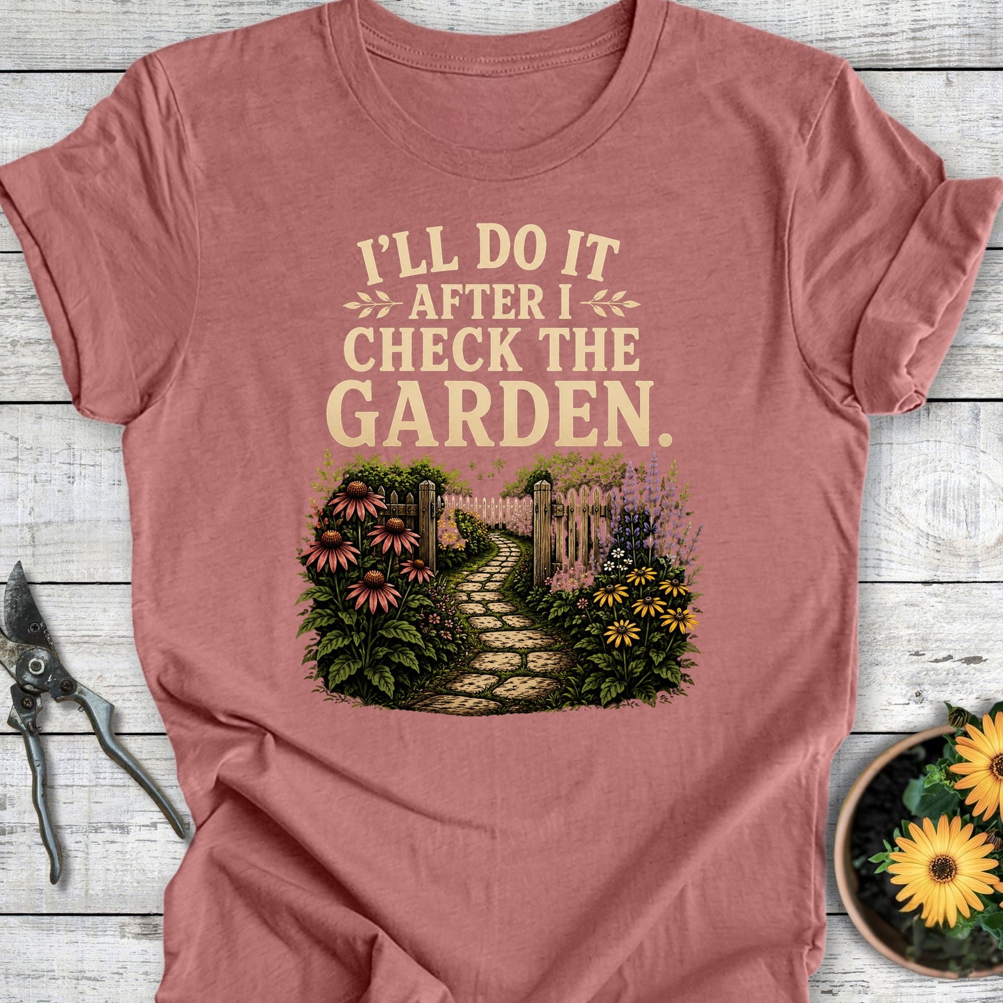 Printify T-Shirt Heather Mauve / S Check the Garden T-Shirt