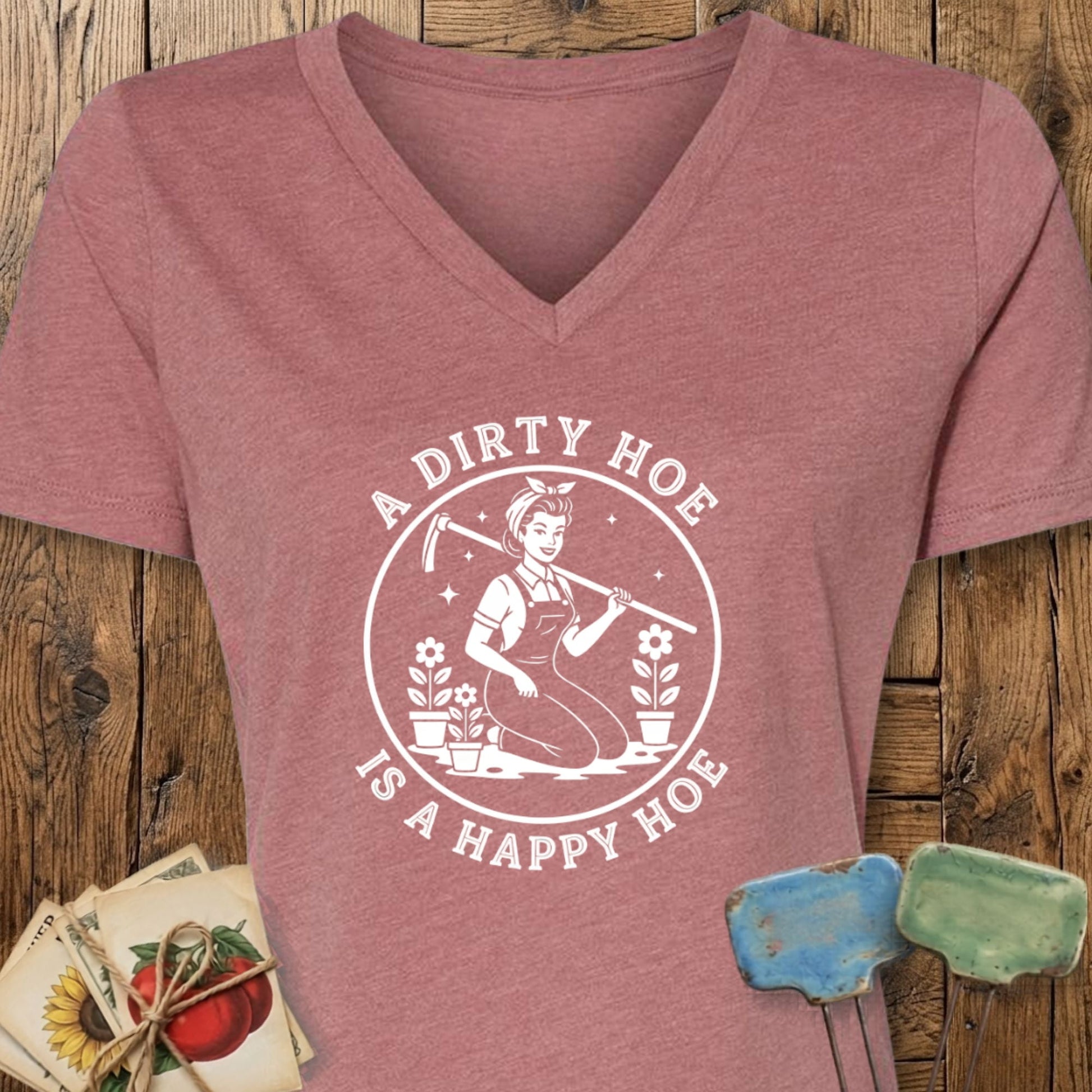 Printify T-Shirt Heather Mauve / S Happy Hoe V-Neck