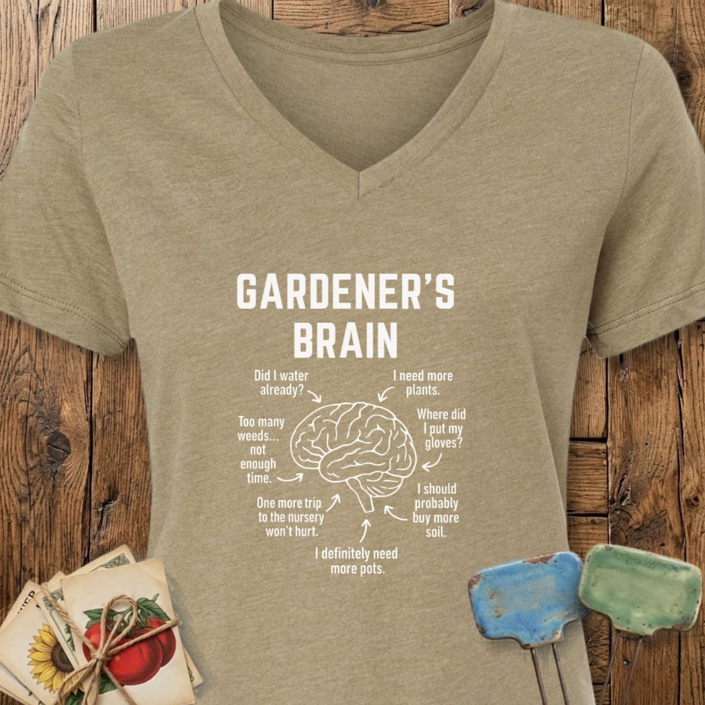 Printify T-Shirt Heather Olive / S Gardener's Brain V-Neck