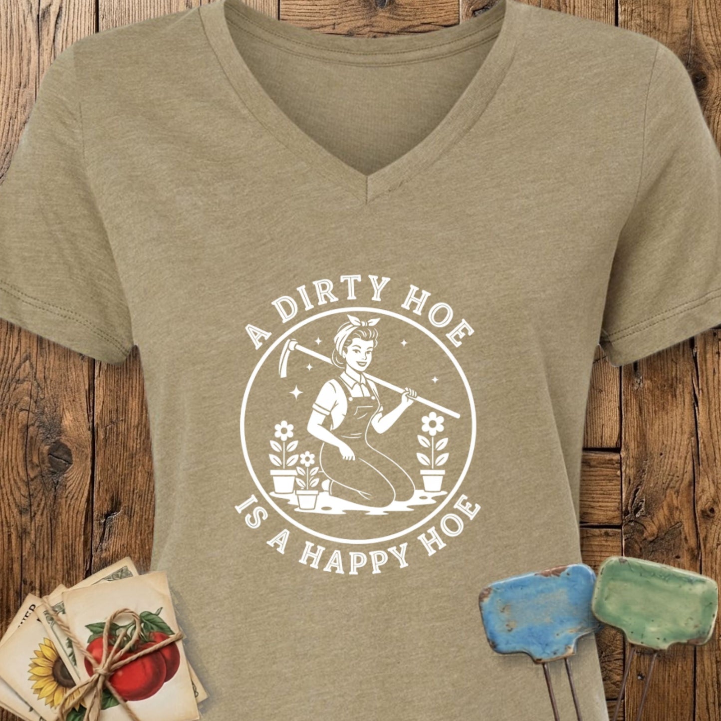 Printify T-Shirt Heather Olive / S Happy Hoe V-Neck