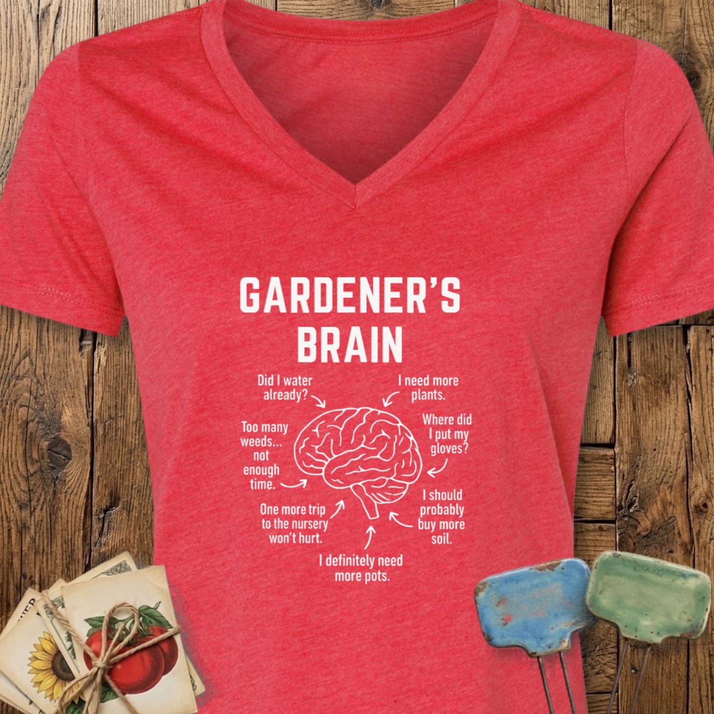 Printify T-Shirt Heather Red / S Gardener's Brain V-Neck