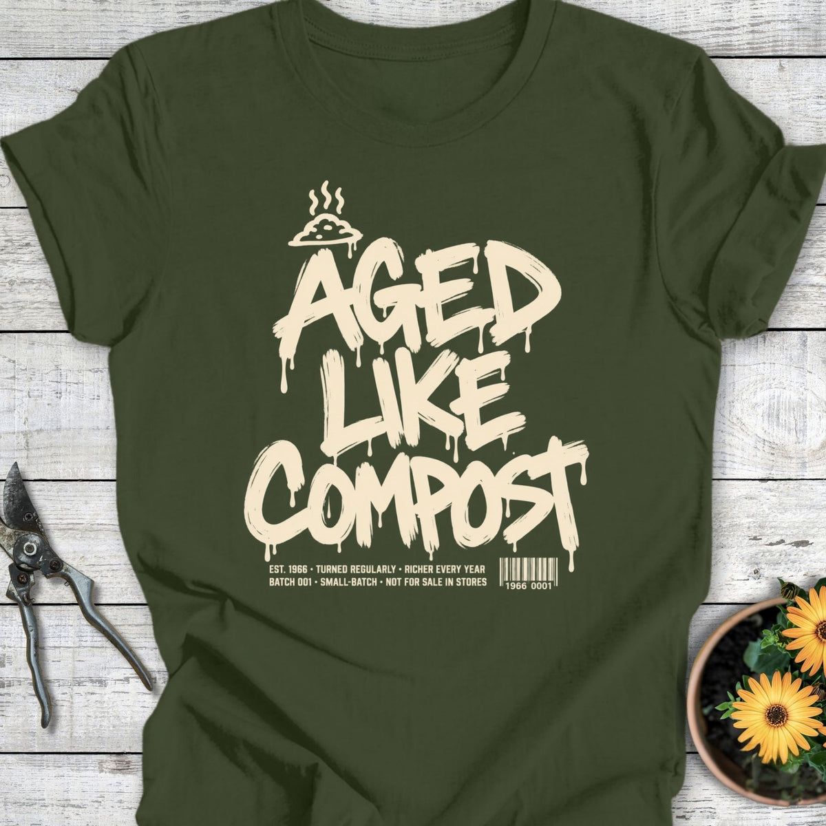 Printify T-Shirt Military Green / S Aged Like Compost T-Shirt
