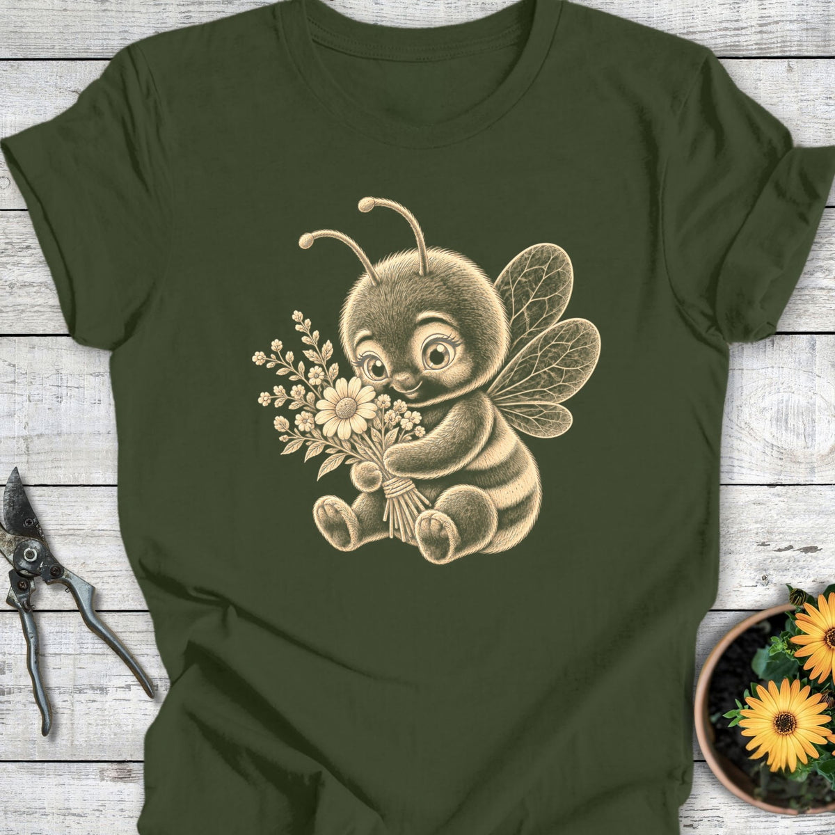 Printify T-Shirt Military Green / S Bee with Flowers T-Shirt