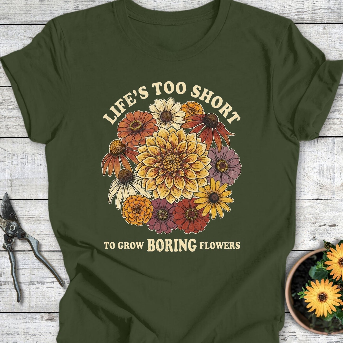 Printify T-Shirt Military Green / S Boring Flowers T-Shirt