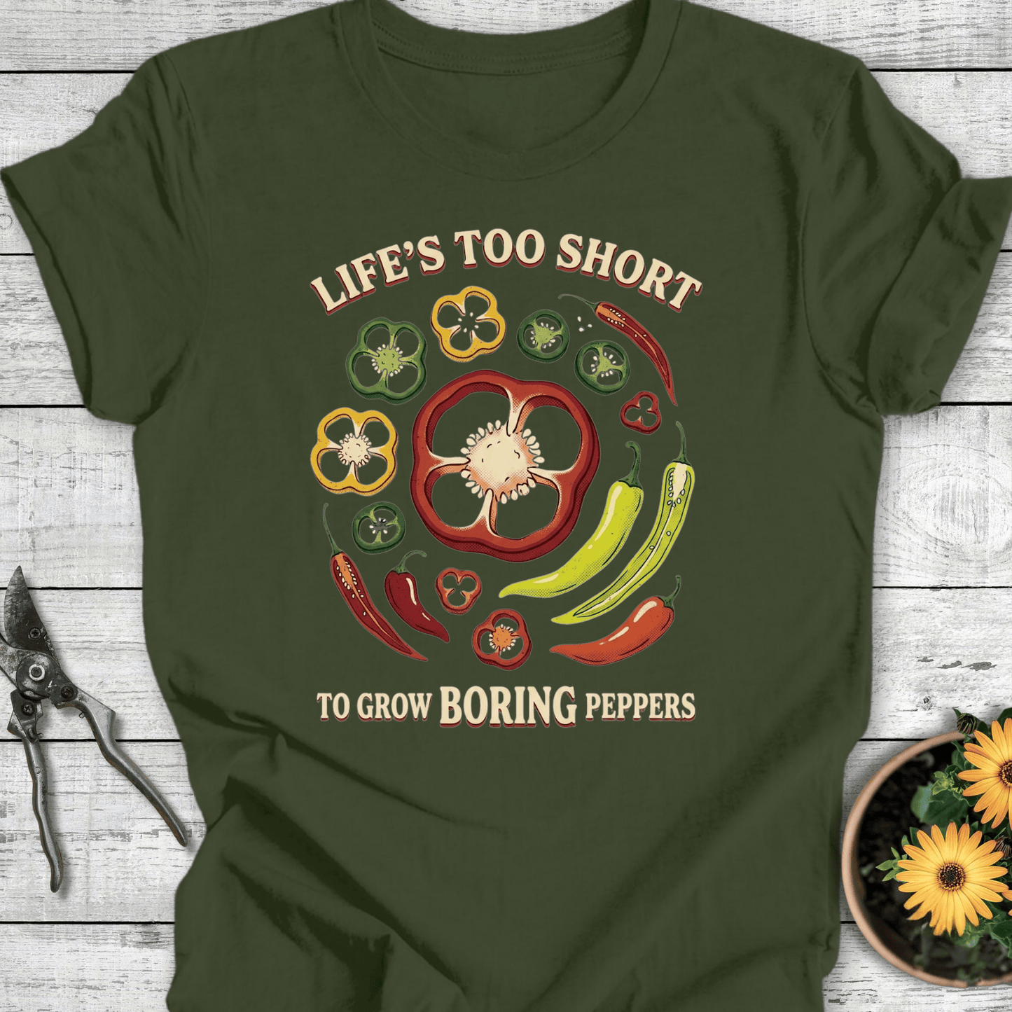 Printify T-Shirt Military Green / S Boring Peppers T-Shirt