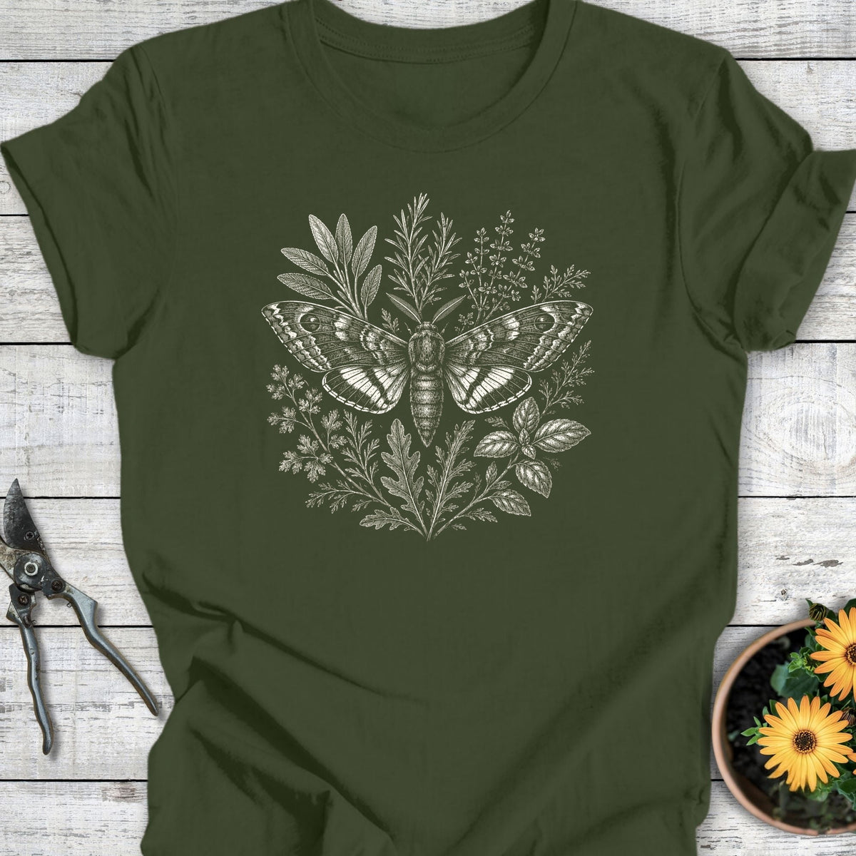 Printify T-Shirt Military Green / S Botanical Moth T-Shirt