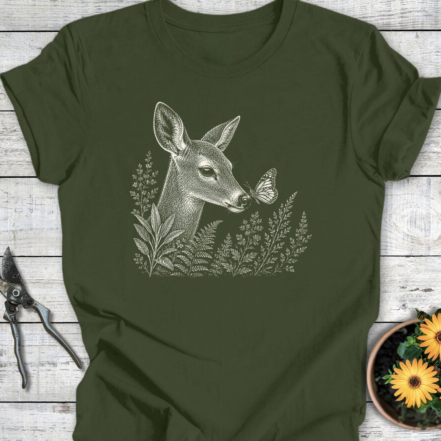 Printify T-Shirt Military Green / S Butterfly Visitor T-Shirt