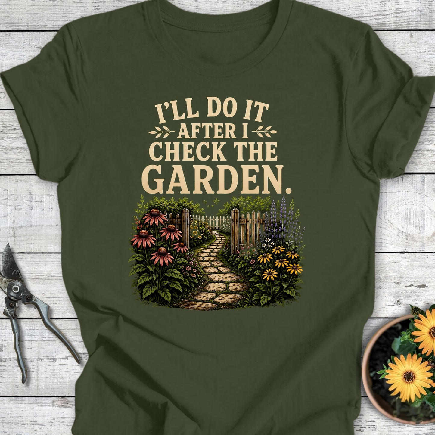Printify T-Shirt Military Green / S Check the Garden T-Shirt