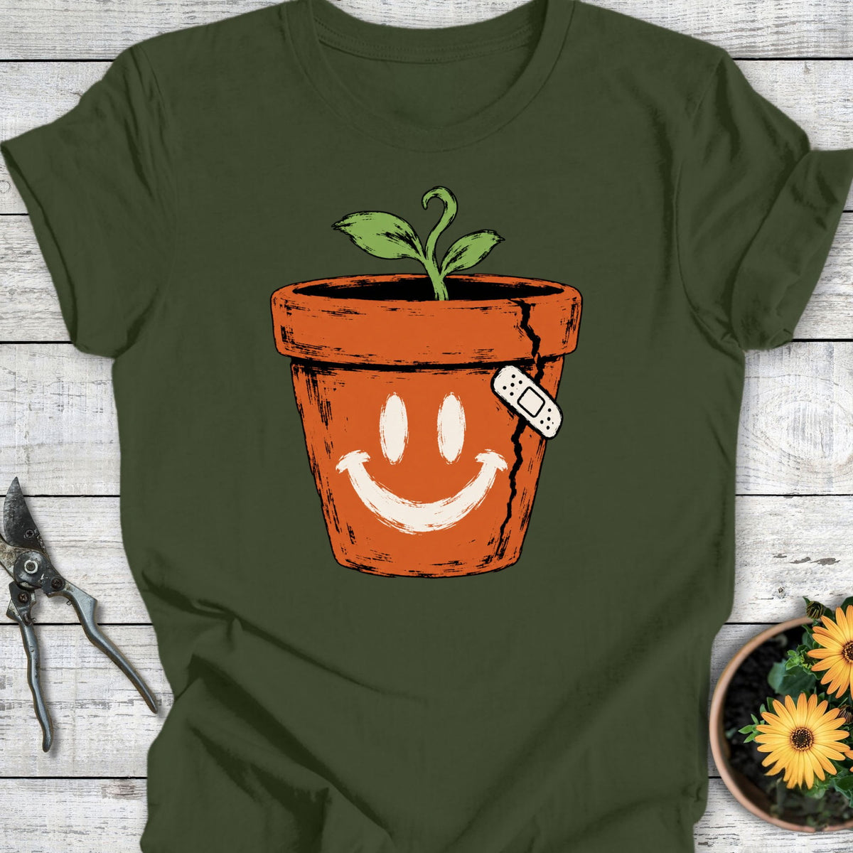 Printify T-Shirt Military Green / S Cracked But Happy T-Shirt
