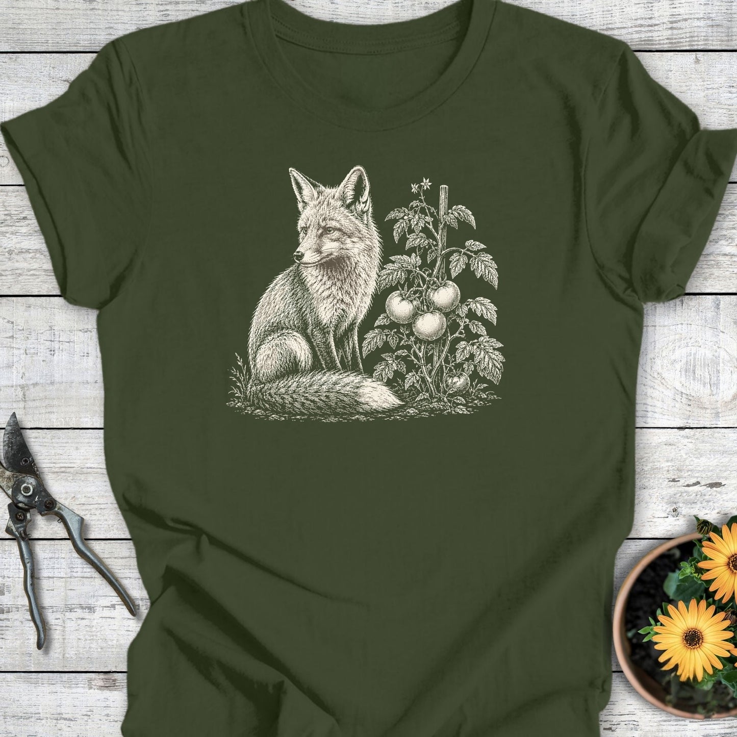 Printify T-Shirt Military Green / S Fox in the Garden T-Shirt