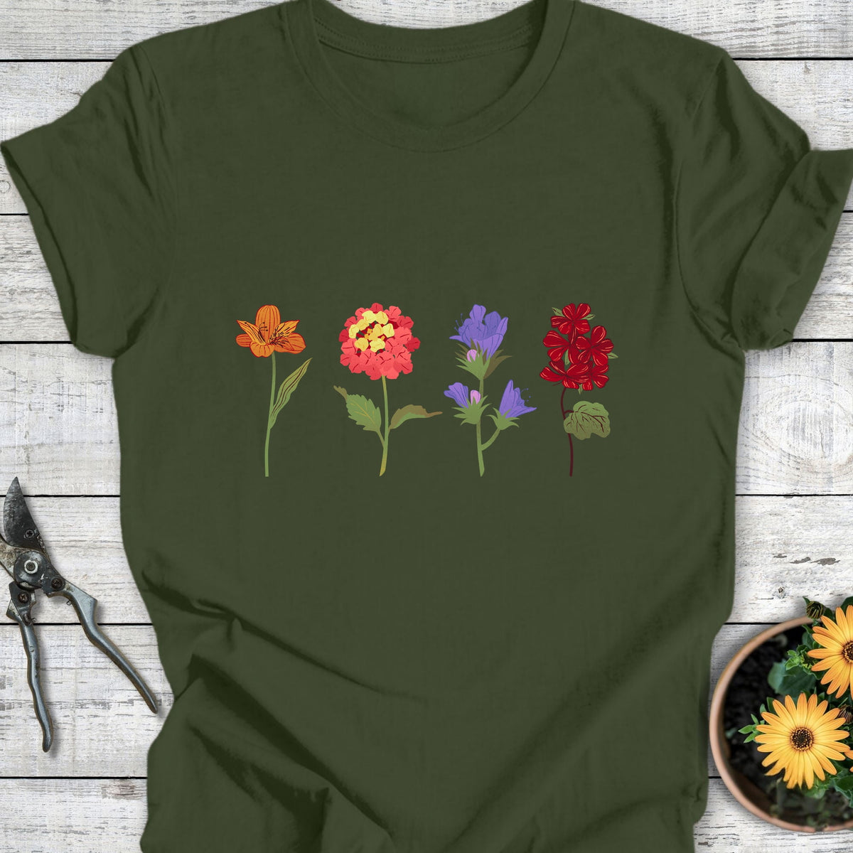 Printify T-Shirt Military Green / S Garden Bouquet T-Shirt