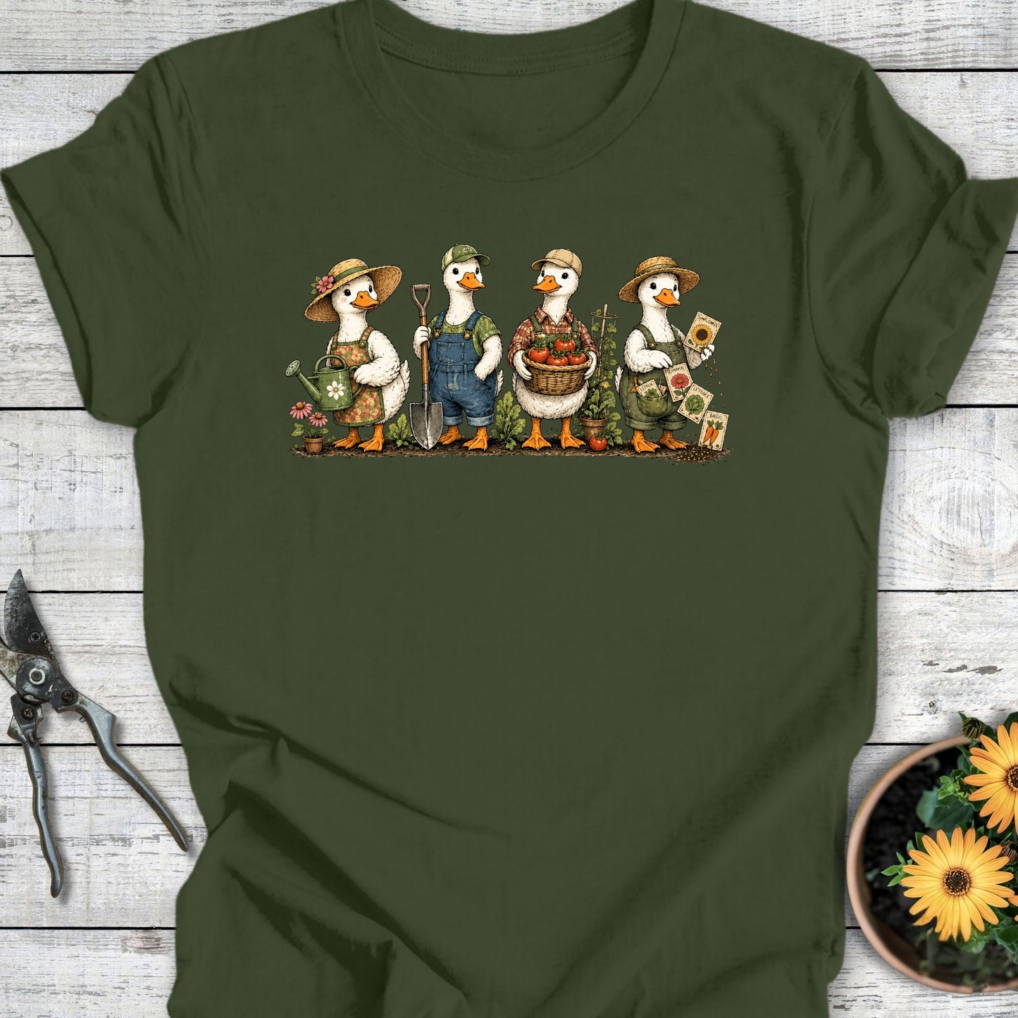 Printify T-Shirt Military Green / S Gardening Ducks T-Shirt