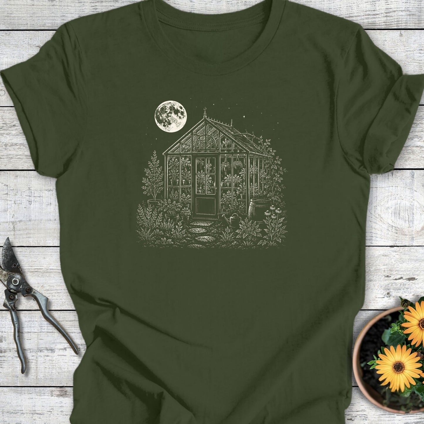 Printify T-Shirt Military Green / S Moonlit Greenhouse T-Shirt