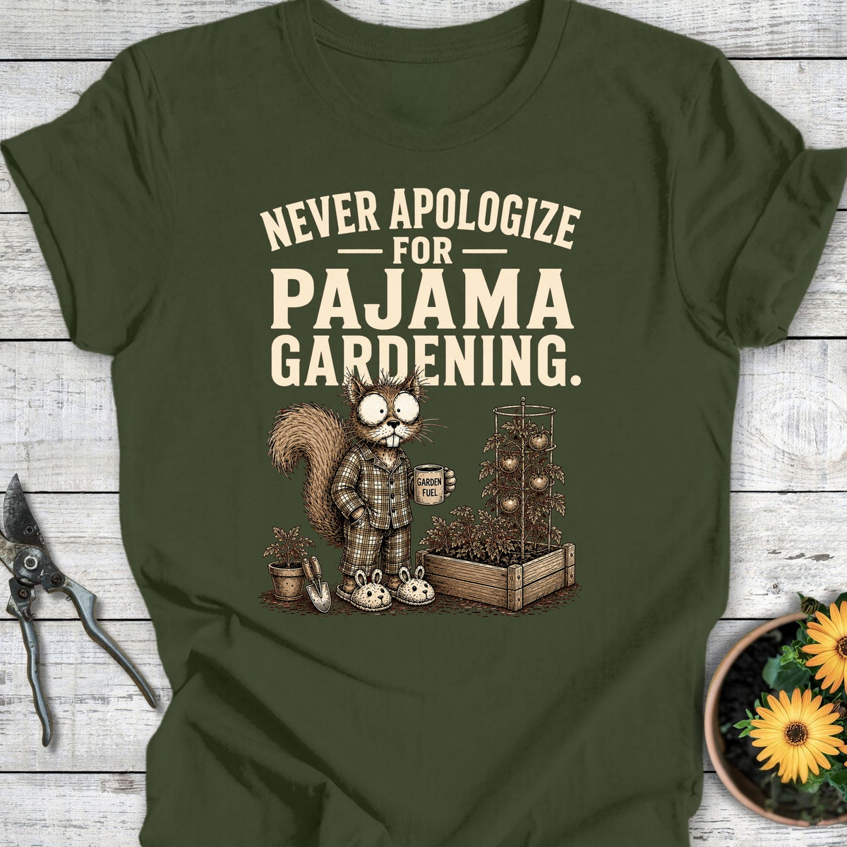 Printify T-Shirt Military Green / S Pajama Gardening T-Shirt