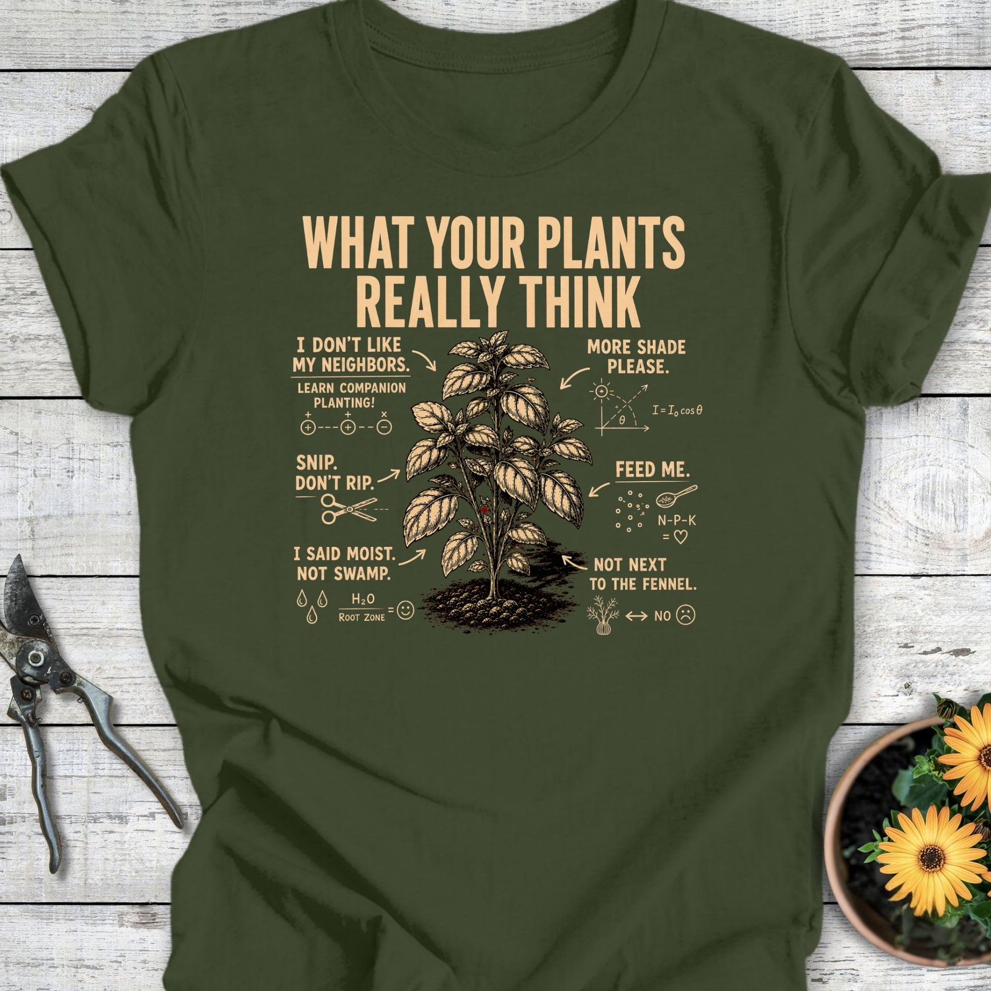 Printify T-Shirt Military Green / S Plants Think T-Shirt