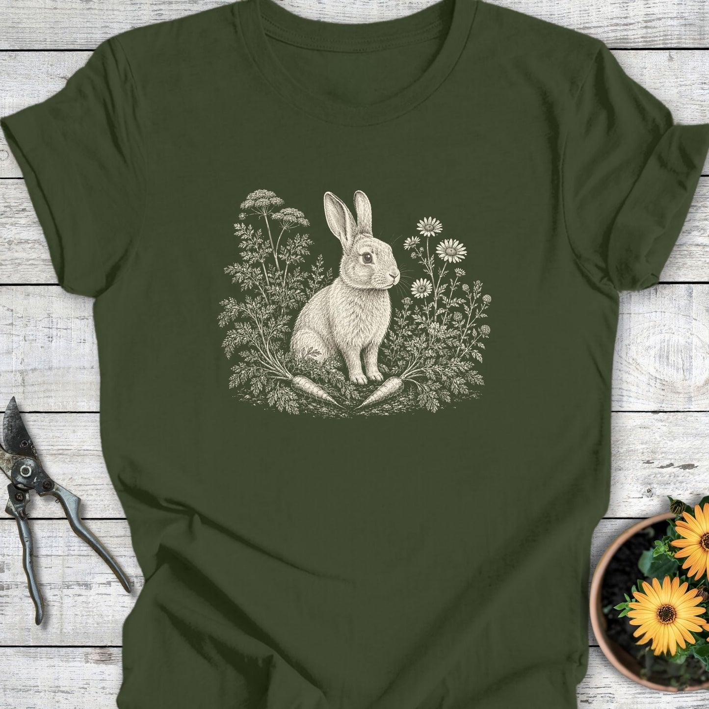 Printify T-Shirt Military Green / S Rabbit in the Garden T-Shirt