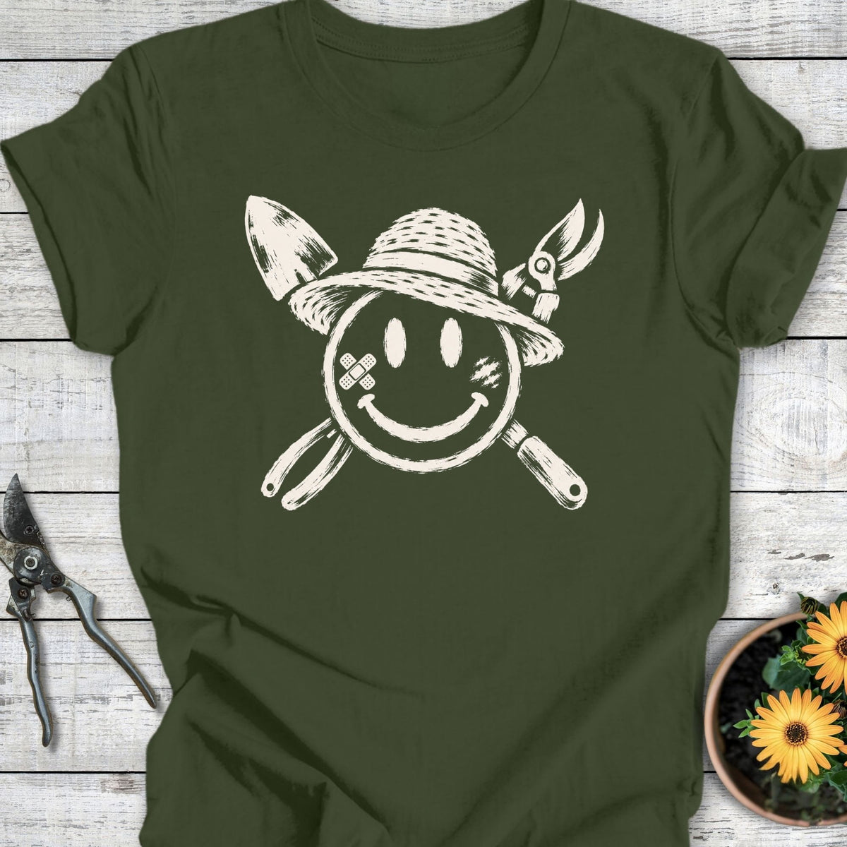 Printify T-Shirt Military Green / S Sun Hat Smiley T-Shirt