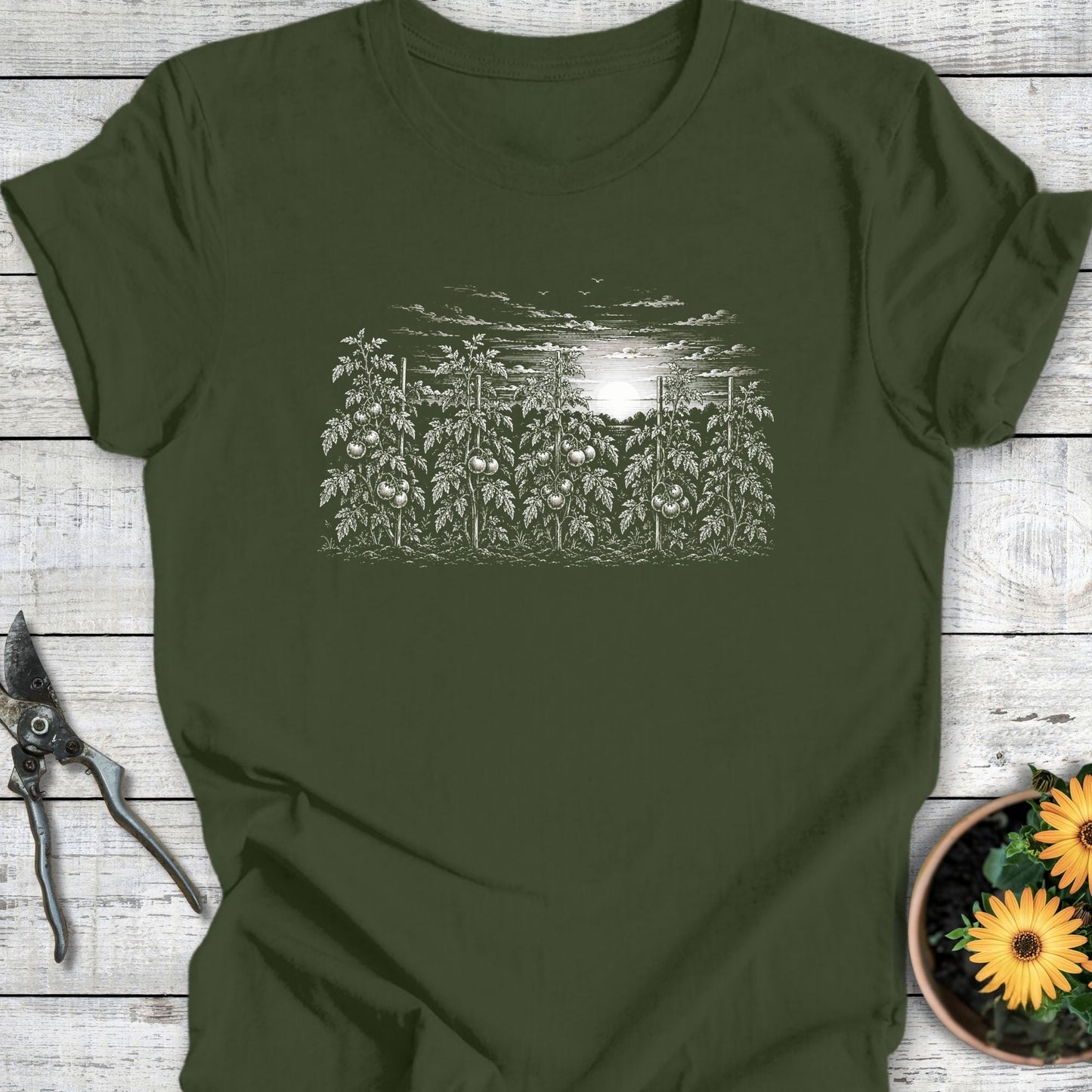 Printify T-Shirt Military Green / S Sunset Tomato Rows T-Shirt