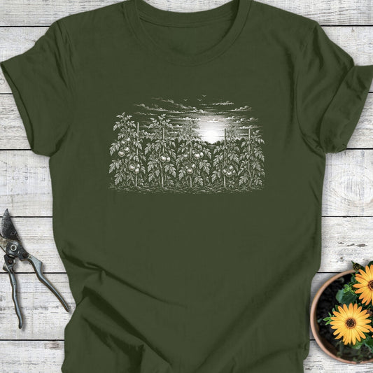 Printify T-Shirt Military Green / S Sunset Tomato Rows T-Shirt