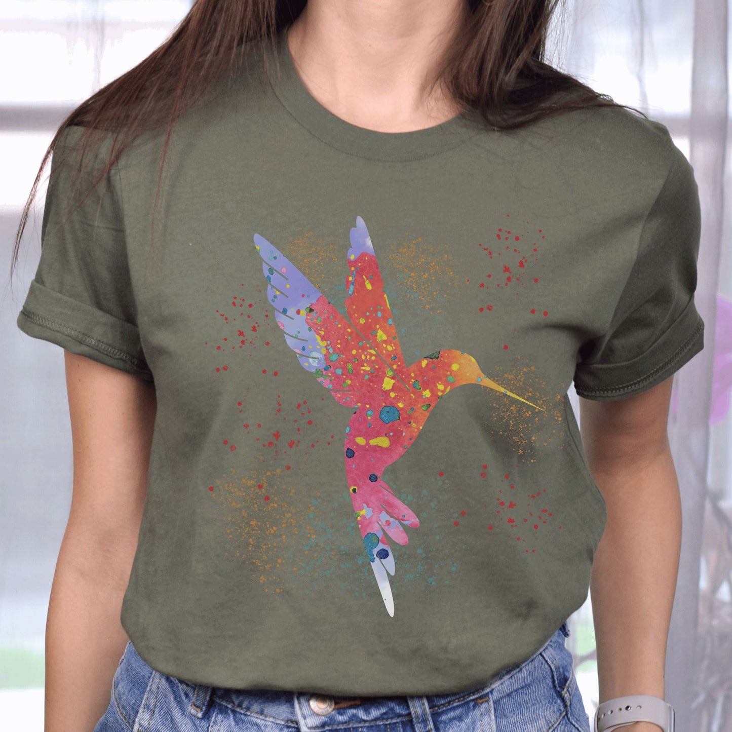 Printify T-Shirt Military Green / S Watercolor Hummingbird T-shirt