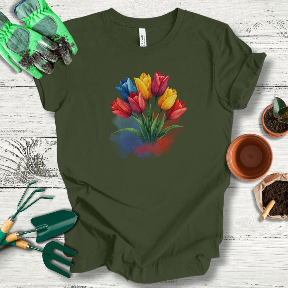 Printify T-Shirt Military Green / S Watercolor Tulips