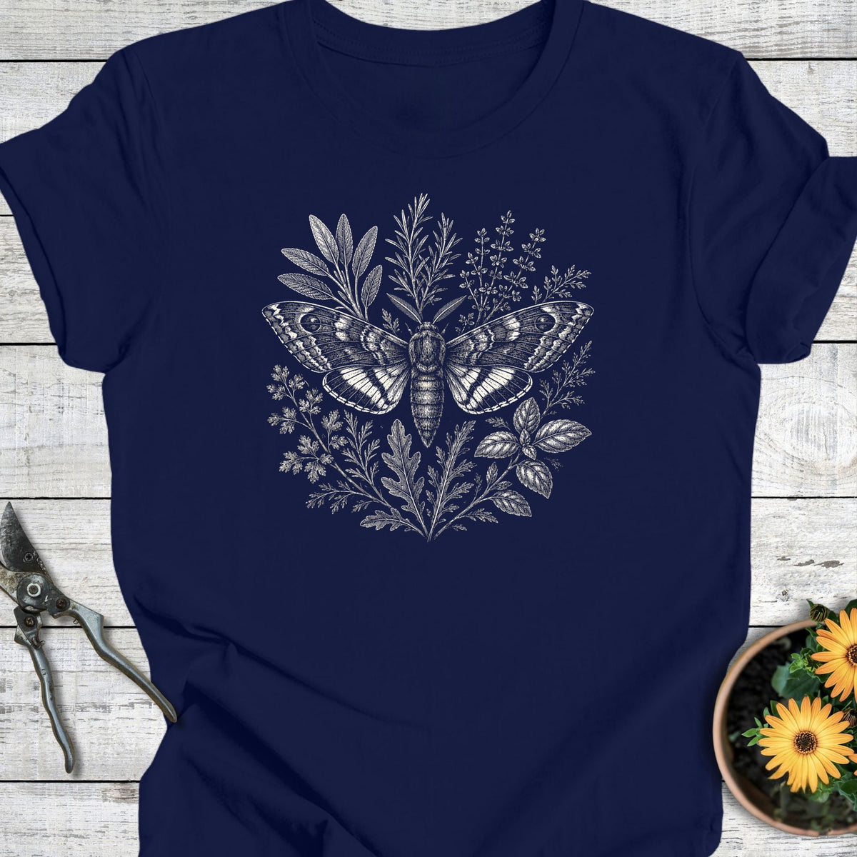Printify T-Shirt Navy / S Botanical Moth T-Shirt