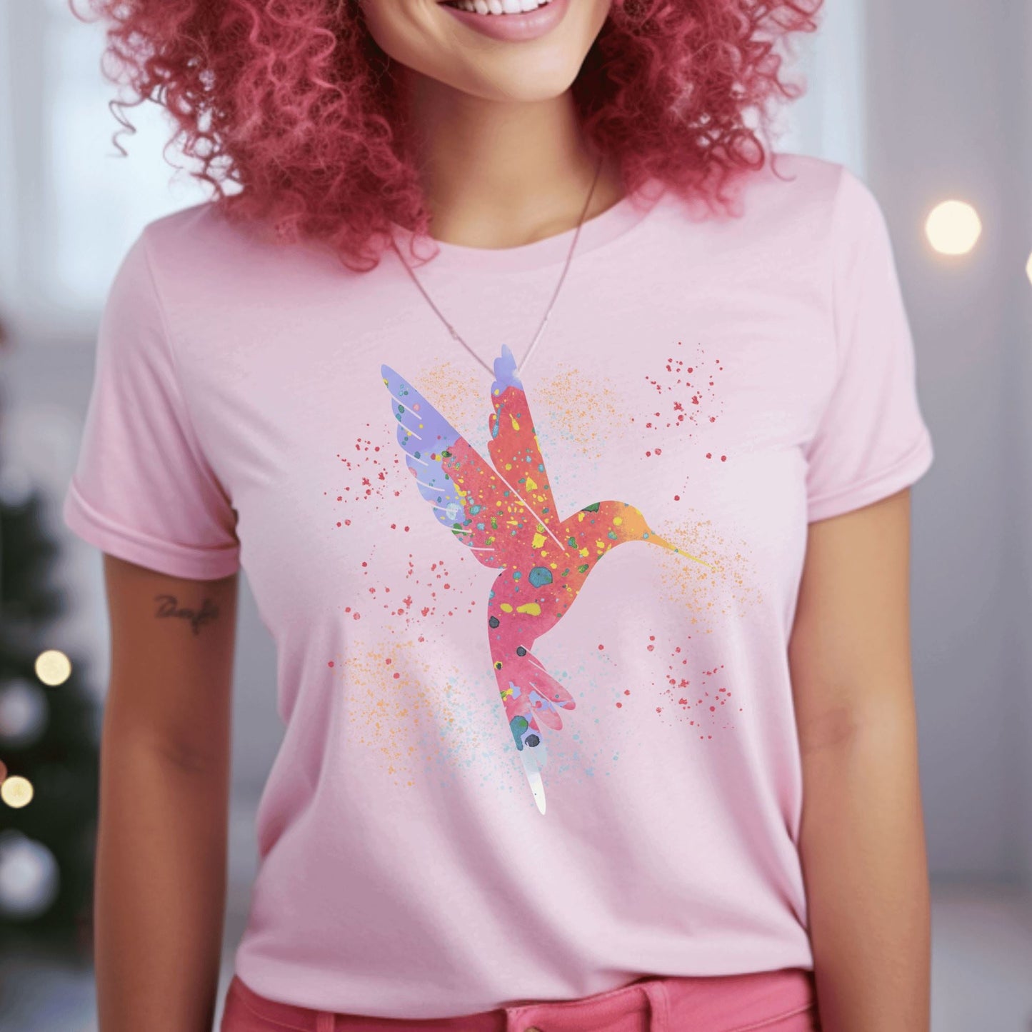 Printify T-Shirt Soft Pink / S Watercolor Hummingbird T-shirt