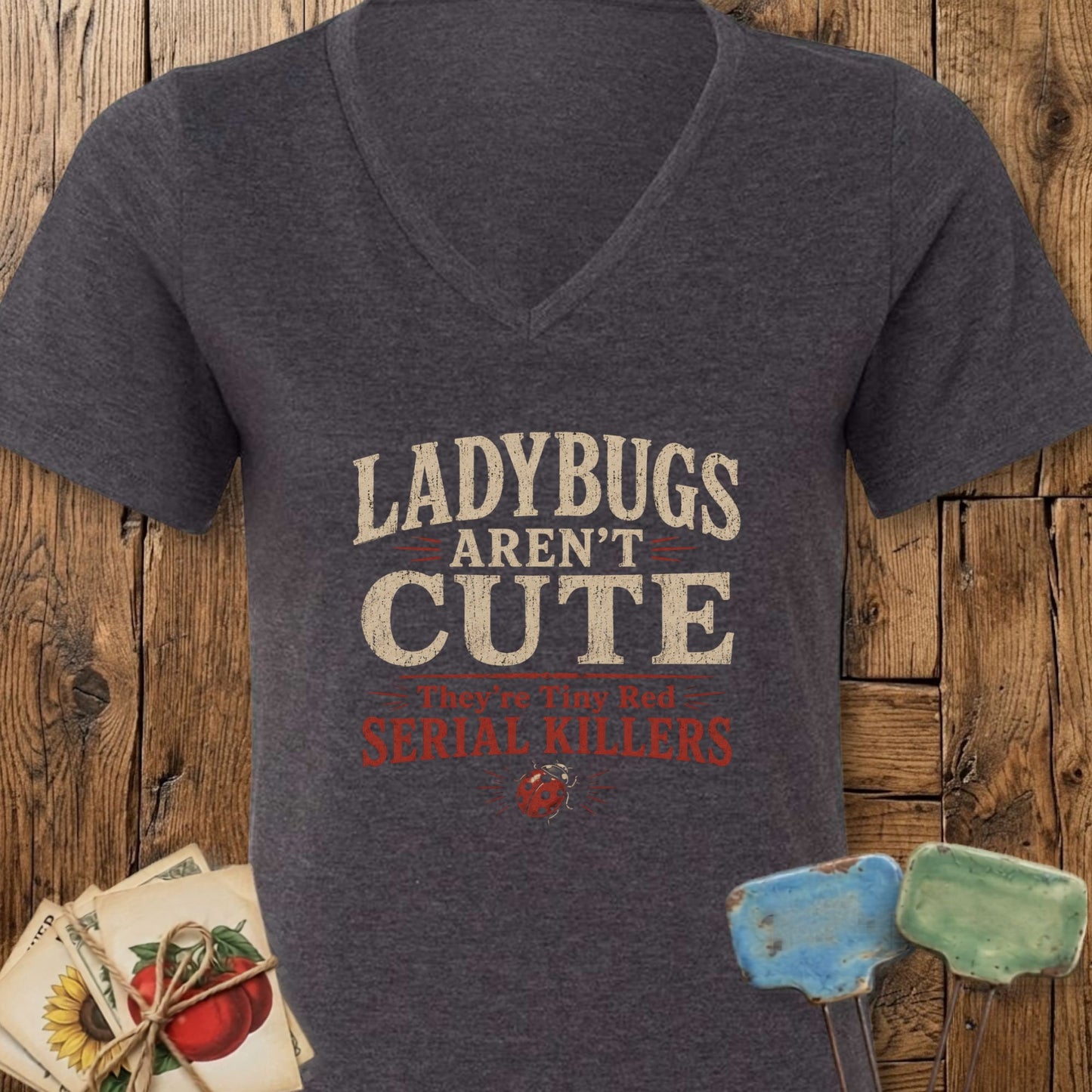 Printify V-Neck Dark Grey Heather / S Ladybugs V-Neck