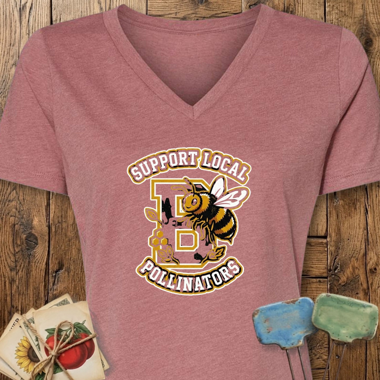 Printify V-Neck Heather Mauve / S Varsity Pollinator V-Neck